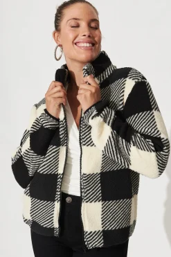 New Linea Fluffy Jacket In Black With Beige Check Outerwear|Outerwear