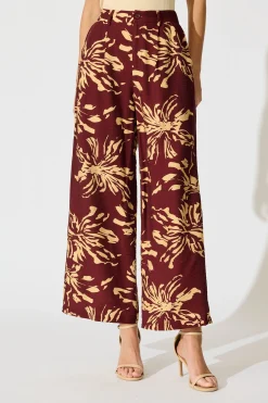 Online Linear Bloom Pant in Wine with Cream Print Bottoms|Pants