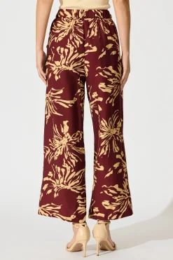 Online Linear Bloom Pant in Wine with Cream Print Bottoms|Pants