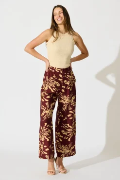 Online Linear Bloom Pant in Wine with Cream Print Bottoms|Pants