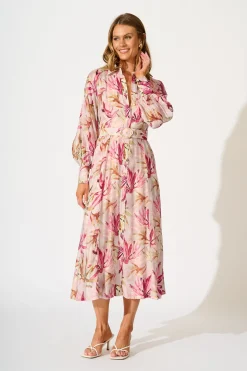 Discount Lira Midi Shirt Dress in Pink Leaf Print Dresses|Party