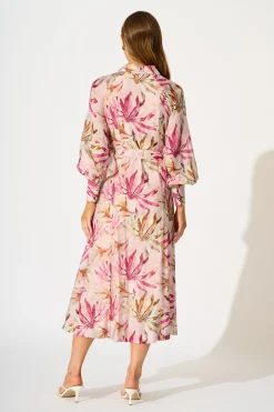 Discount Lira Midi Shirt Dress in Pink Leaf Print Dresses|Party