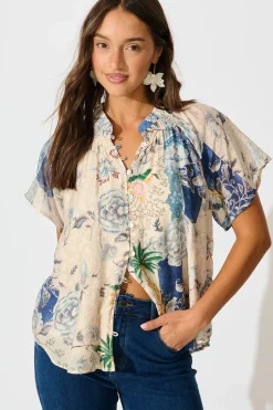 New Lombard Top in Beige with Blue Multi Floral Tops|Casual