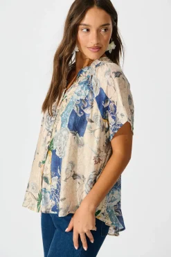 New Lombard Top in Beige with Blue Multi Floral Tops|Casual