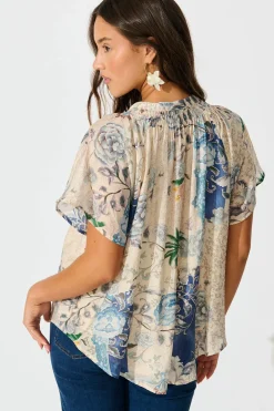 New Lombard Top in Beige with Blue Multi Floral Tops|Casual
