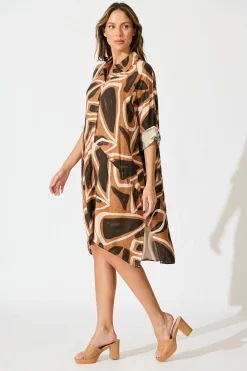 Best London Midi Smock Dress in Neutral Geometric Print Dresses|Casual