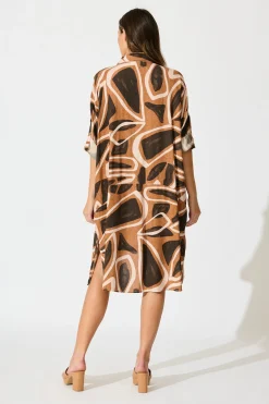 Best London Midi Smock Dress in Neutral Geometric Print Dresses|Casual