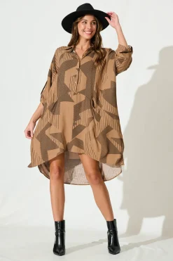 Discount London Midi Smock Dress In Brown Print Dresses|Casual