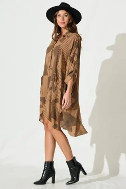 Discount London Midi Smock Dress In Brown Print Dresses|Casual