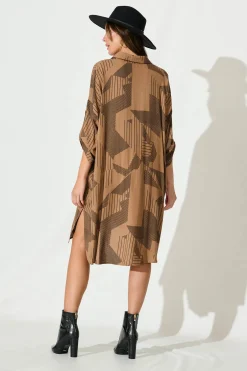 Discount London Midi Smock Dress In Brown Print Dresses|Casual