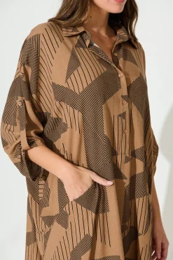 Discount London Midi Smock Dress In Brown Print Dresses|Casual
