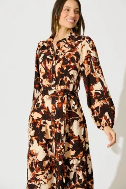 Sale Loop Me Maxi Shirt Dress in Multi Brown Print Satin Dresses|Casual
