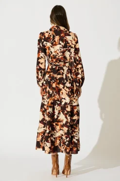 Sale Loop Me Maxi Shirt Dress in Multi Brown Print Satin Dresses|Casual