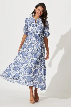 Clearance Loriet Maxi Shirt Dress In Blue With White Floral Cotton Blend Dresses|Casual