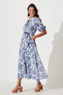 Clearance Loriet Maxi Shirt Dress In Blue With White Floral Cotton Blend Dresses|Casual