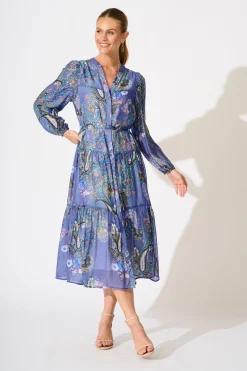 Hot Lottie Midi Dress in Blue Multi Print Dresses|Casual