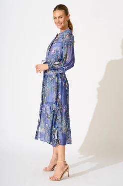 Hot Lottie Midi Dress in Blue Multi Print Dresses|Casual