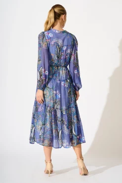 Hot Lottie Midi Dress in Blue Multi Print Dresses|Casual