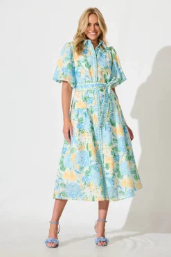 Sale Lovelife Maxi Shirt Dress In Blue Yellow Floral Linen Blend Dresses|Party