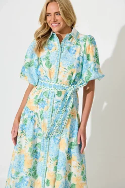 Sale Lovelife Maxi Shirt Dress In Blue Yellow Floral Linen Blend Dresses|Party