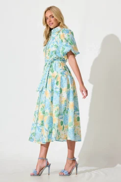 Sale Lovelife Maxi Shirt Dress In Blue Yellow Floral Linen Blend Dresses|Party