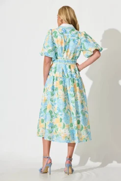 Sale Lovelife Maxi Shirt Dress In Blue Yellow Floral Linen Blend Dresses|Party