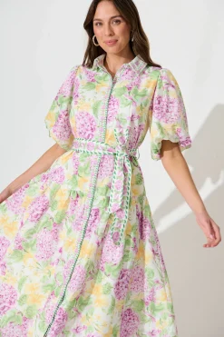 Fashion Lovelife Maxi Shirt Dress in Lilac Multi Floral Linen Blend Dresses|Party