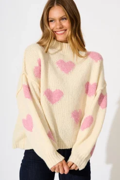 Online Lovey Intarsia Knit in Cream with Pink Heart Knitwear|Knitwear