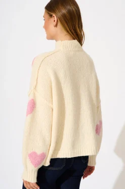 Online Lovey Intarsia Knit in Cream with Pink Heart Knitwear|Knitwear