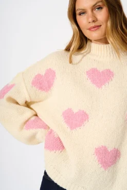 Online Lovey Intarsia Knit in Cream with Pink Heart Knitwear|Knitwear