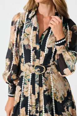 Clearance Lovingly Maxi Shirt Dress in Black Floral with Contrast Trim Dresses|Party