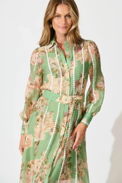 Sale Lovingly Maxi Shirt Dress in Green Floral with Contrast Trim Dresses|Party