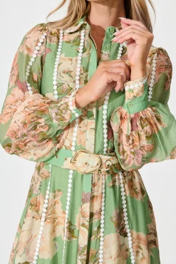 Sale Lovingly Maxi Shirt Dress in Green Floral with Contrast Trim Dresses|Party