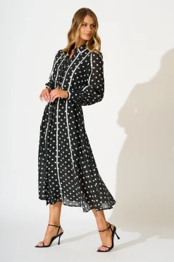 Clearance Lovingly Maxi Shirt Dress in Black with White Polka Dot Dresses|Party