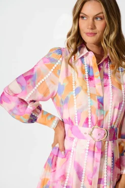 Hot Lovingly Maxi Shirt Dress in Pink with Purple Watercolour Dresses|Party