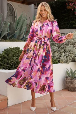 Hot Lovingly Maxi Shirt Dress in Plum Multi Watercolour Dresses|Party