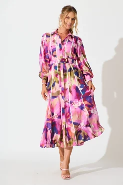 Hot Lovingly Maxi Shirt Dress in Plum Multi Watercolour Dresses|Party