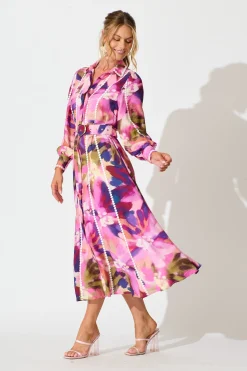 Hot Lovingly Maxi Shirt Dress in Plum Multi Watercolour Dresses|Party