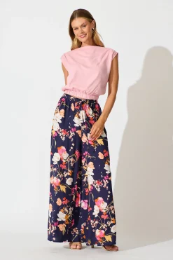 Clearance Lucia Pant In Navy with Multi Floral Bottoms|Pants