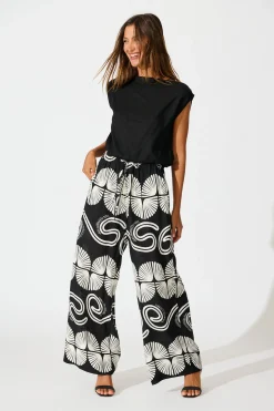 Discount Lucinda Pant in Black with White Swirl Print Linen Blend Bottoms|Pants
