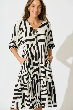 Discount Luminous Midi Dress in Black with White Geometric Print Dresses|Casual