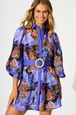 Clearance Lunar Bloom Shirt Dress in Blue with Multi Linen Blend Dresses|Party