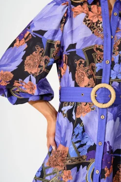 Clearance Lunar Bloom Shirt Dress in Blue with Multi Linen Blend Dresses|Party