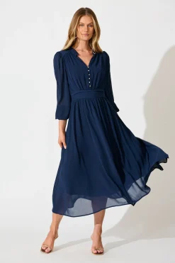 New Lustre Midi Dress In Navy Chiffon Dresses|Party