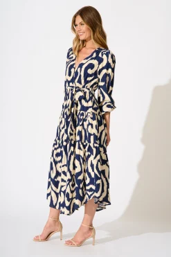 Hot Lydia Midi Dress in Navy Cream Swirl Print Dresses|Casual