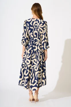 Hot Lydia Midi Dress in Navy Cream Swirl Print Dresses|Casual