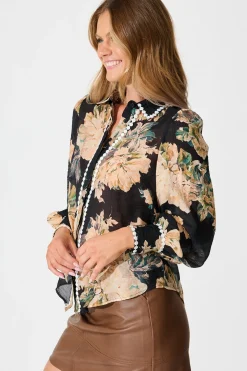Fashion Lynelle Shirt in Black Floral with White Contrast Trim Tops