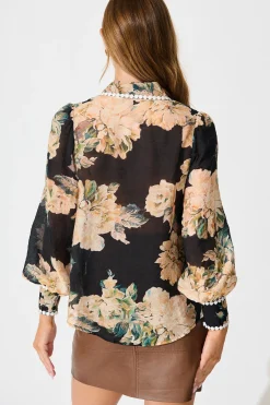Fashion Lynelle Shirt in Black Floral with White Contrast Trim Tops
