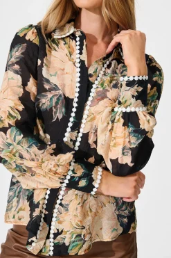 Fashion Lynelle Shirt in Black Floral with White Contrast Trim Tops