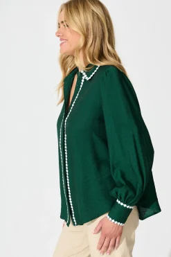 Fashion Lynelle Shirt in Emerald with White Contrast Tops